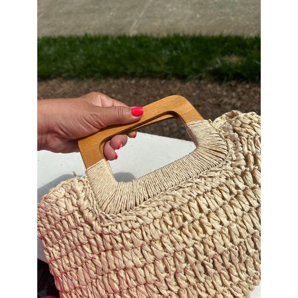 Woven Straw Raffia Handbag Wooden Handles Beach Resort Boho Tote Purse - Picture 6 of 8